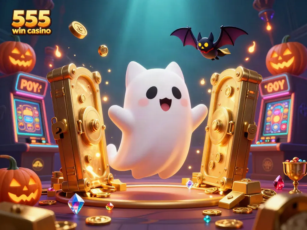 Experience gaming thrills in "555 win casino" with a ghost cat, bat, and glowing treasures in a vibrant casino scene.
