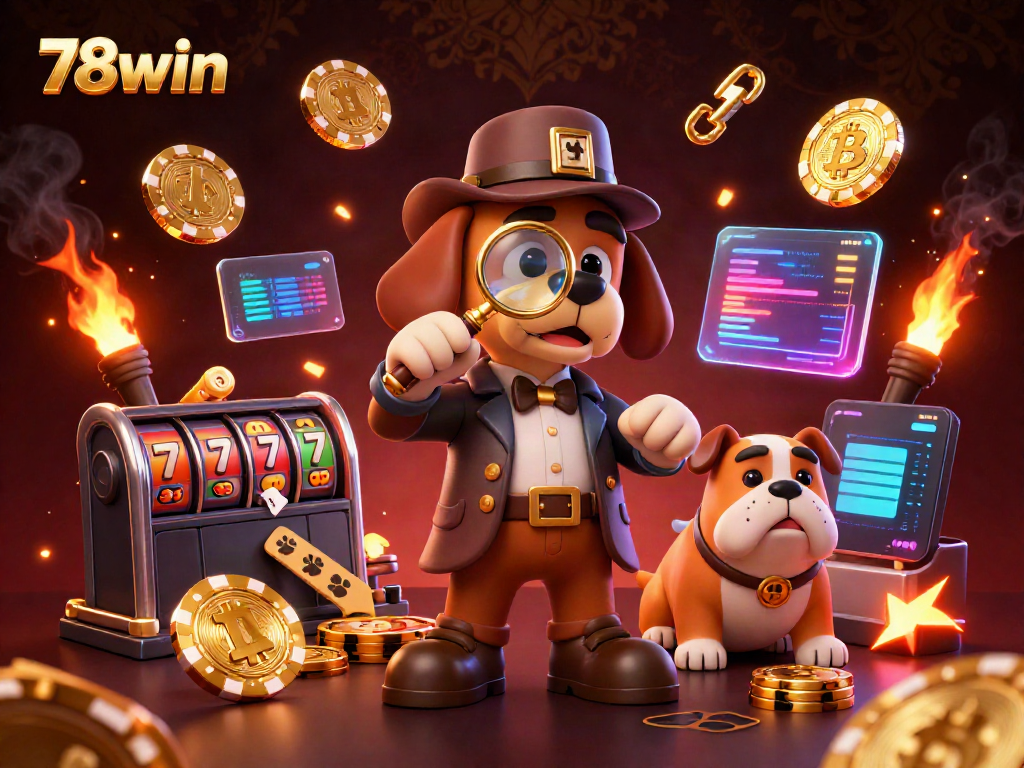 Experience the thrill of gaming at 78win with a detective uncovering poker clues amidst vibrant casino elements.