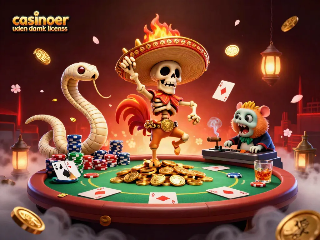 Experience dynamic fun at casinoer uden dansk licens, featuring a vibrant casino scene with captivating characters.