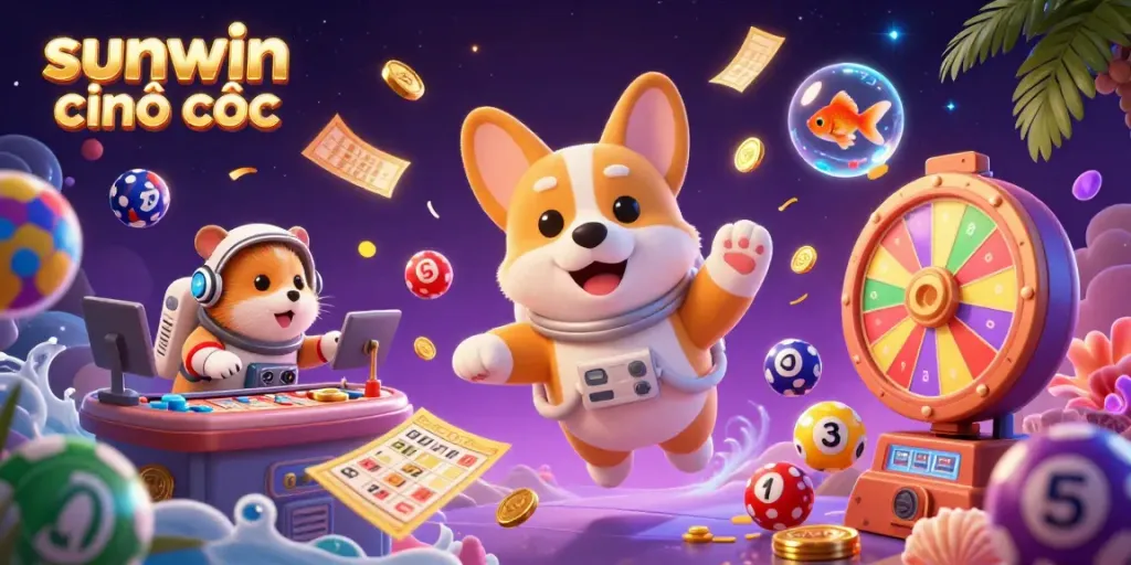 Engage with exciting games at sunwin chính thức featuring a cartoon corgi, floating coins, and more!