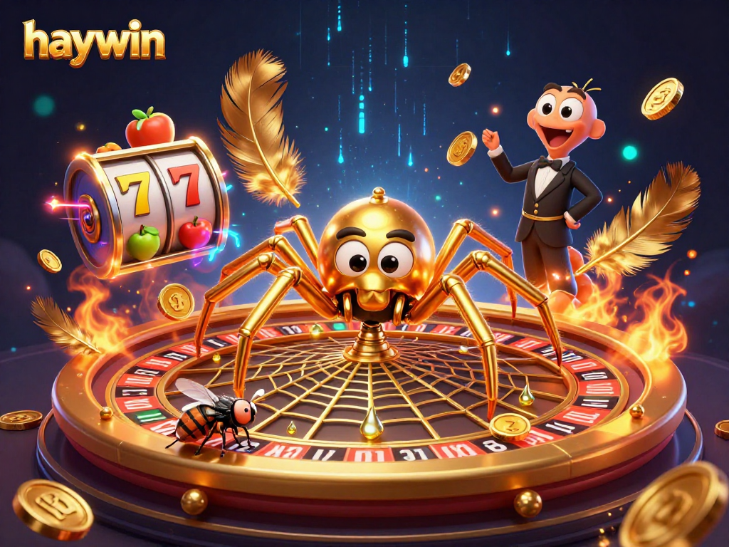 Place bets with haywin as a golden spider spins a roulette wheel web in a vibrant casino