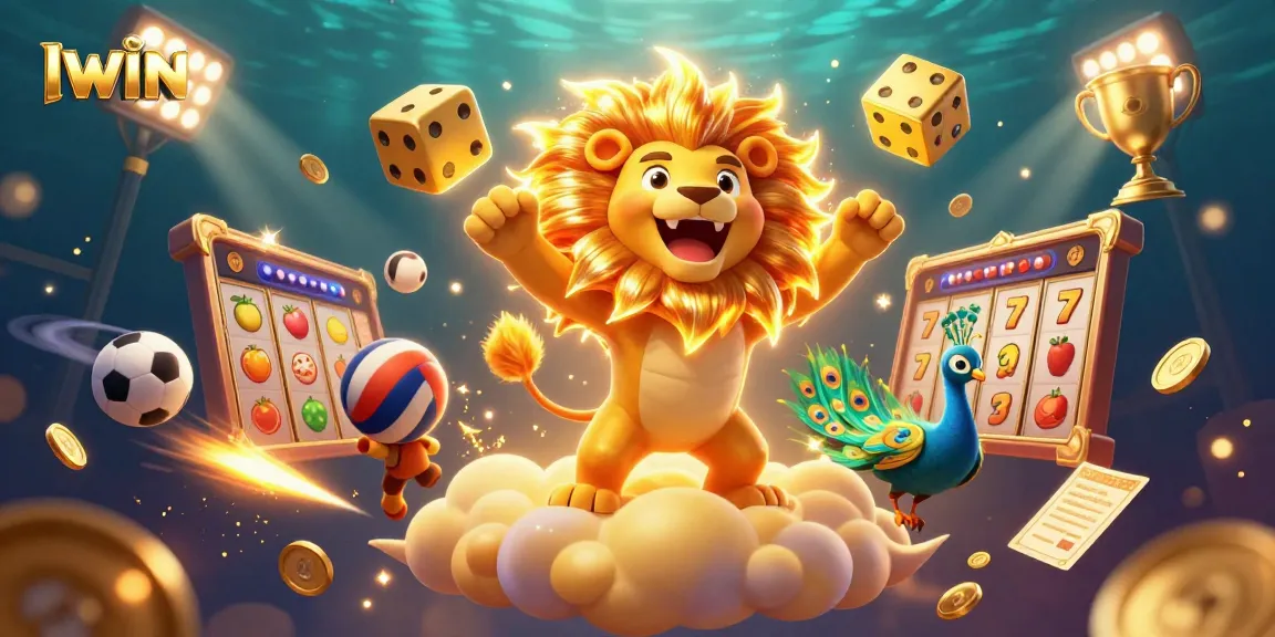 IWIN features a triumphant sun lion, golden dice, and vibrant gaming elements in a dynamic casino scene.