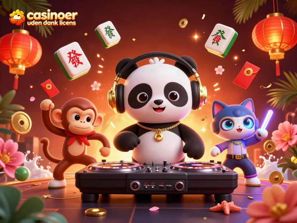 Engage with casinoer uden dansk licens featuring a vibrant DJ panda and festive elements in a dynamic 3D illustration.