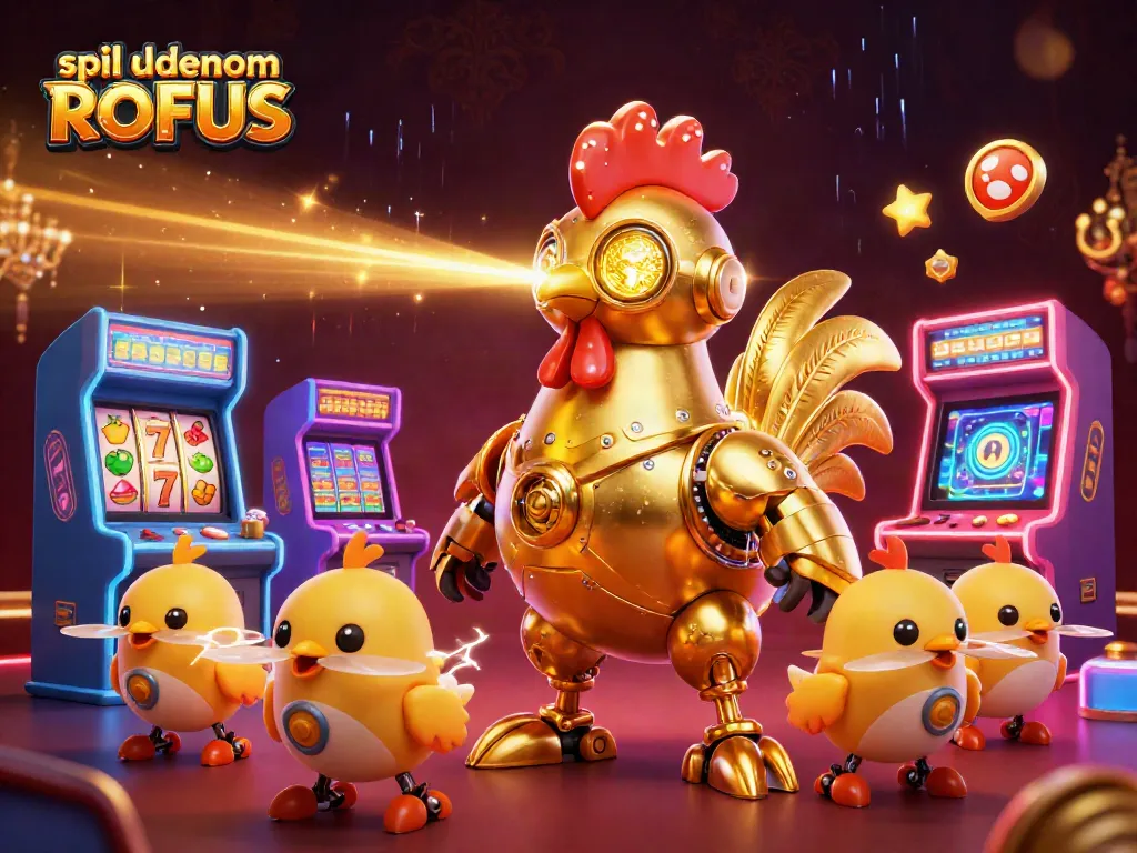 Experience thrilling gameplay with spil uden om ROFUS in a vibrant 3D animated casino scene filled with arcade and slot elements.