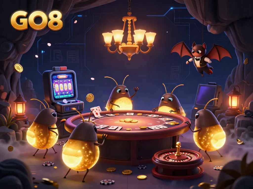 Engage with the vibrant GO8 casino scene featuring glowworms and a bat dealer amidst slot games and neon lights.