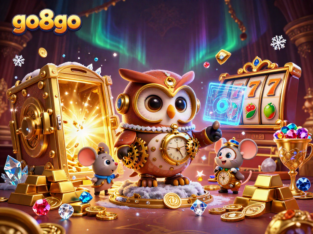 Engage with go8go's vibrant 3D casino adventure featuring an owl and treasures.