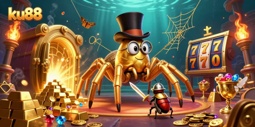Engage with ku88 for thrilling online slots action featuring gold bars, gems, and a brave knight.