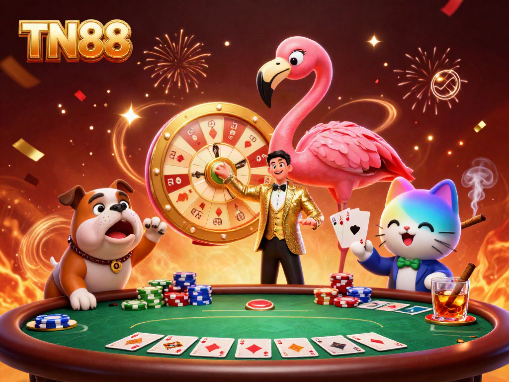Watch as TN88's thrilling game show comes alive with a flamingo host and excited bulldog contestant!