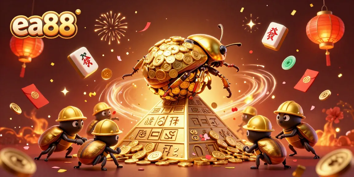 Engage in thrilling games at ea88 while witnessing a 3D beetle rolling the golden coin ball