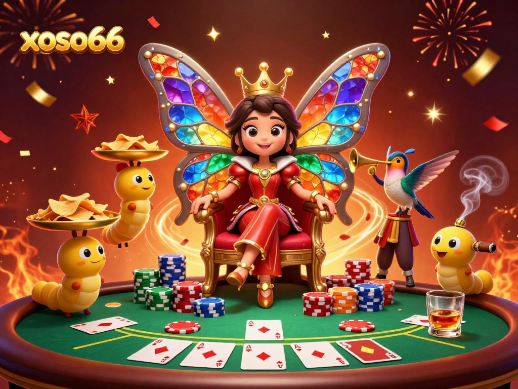 xoso66 invites players to enjoy a dazzling casino experience with vibrant characters, poker elements, and festive visuals.