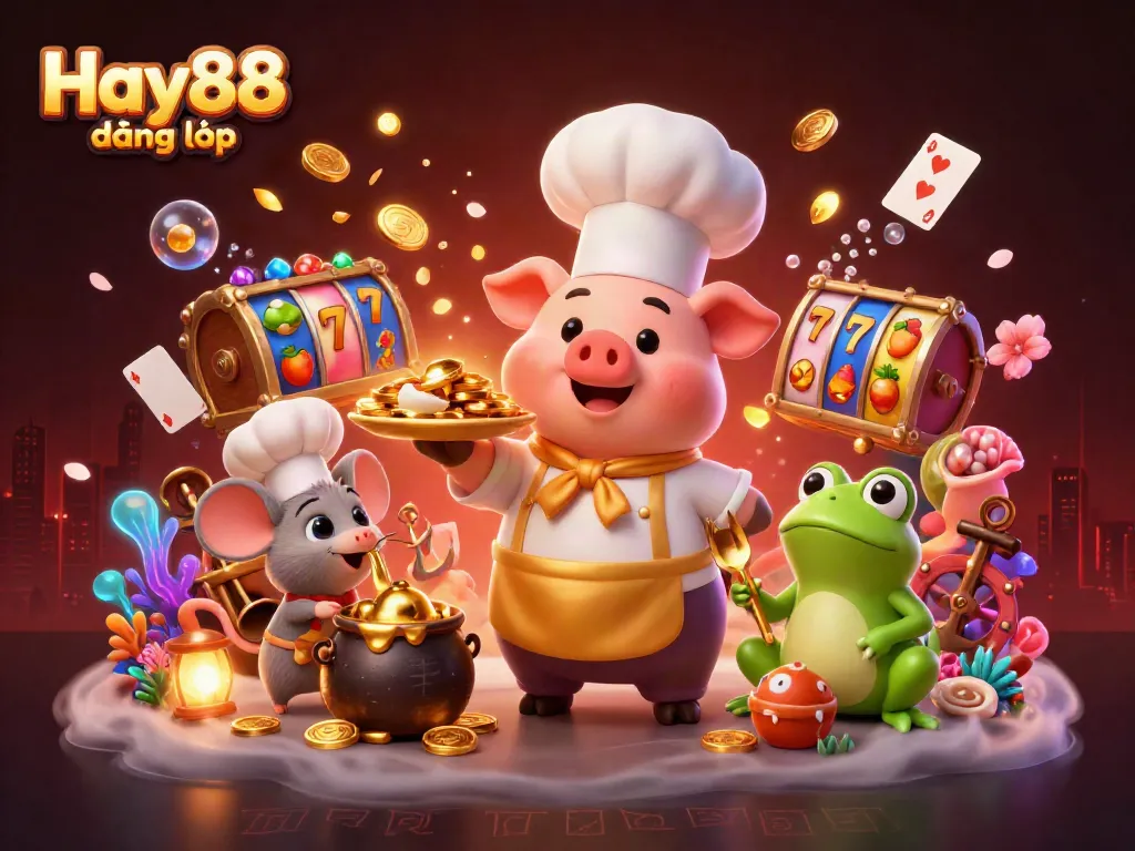 Engage in fun gameplay with Hay88 đăng nhập as a cartoon pig chef serves gold coins surrounded by vibrant slot machine elements.