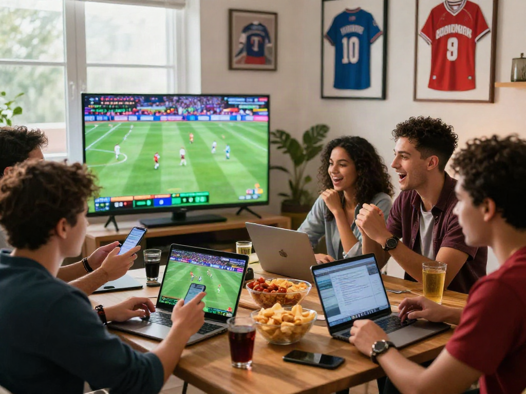 Des amis utilisant le meilleur site de paris sportif pour parier pendant un match de sport, entourés de nourriture et d'excitation.