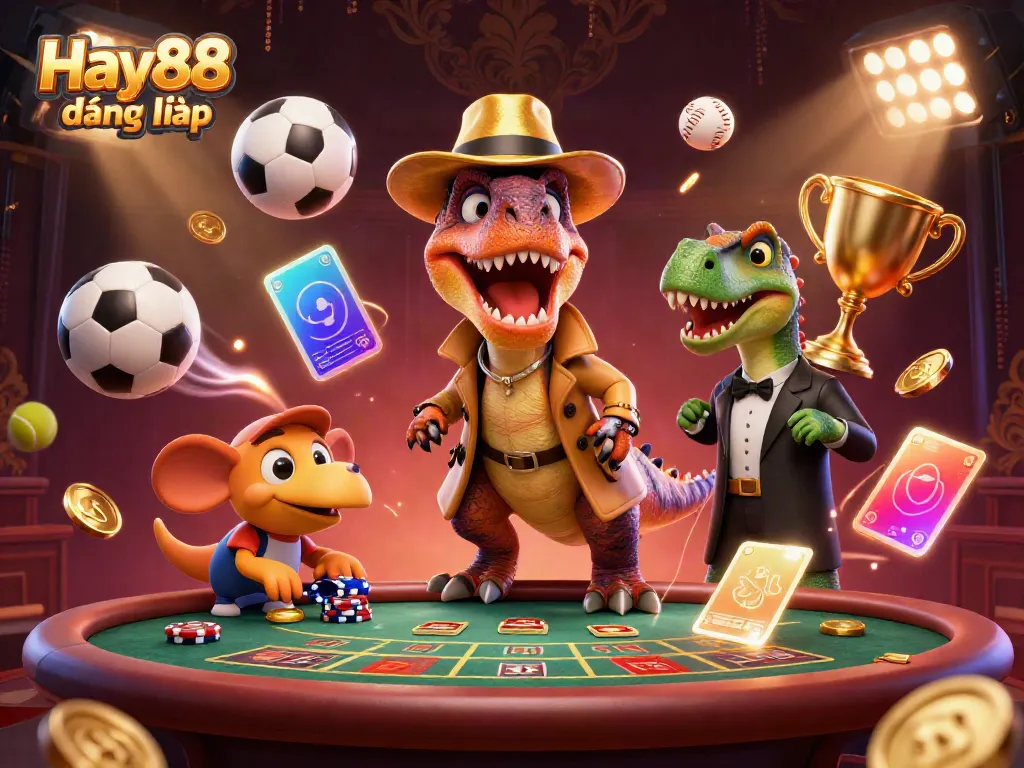 Join the fun at Hay88 đăng nhập with this lively casino scene showing card games and playful characters.