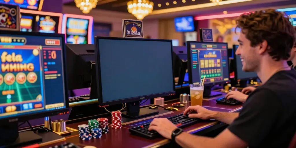 Un joueur heureux utilisant un bonus sans dépôt casino sur un ordinateur, ambiance de casino en ligne excitante.