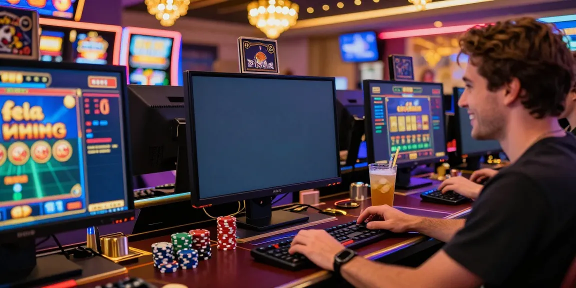 Un joueur heureux utilisant un bonus sans dépôt casino sur un ordinateur, ambiance de casino en ligne excitante.