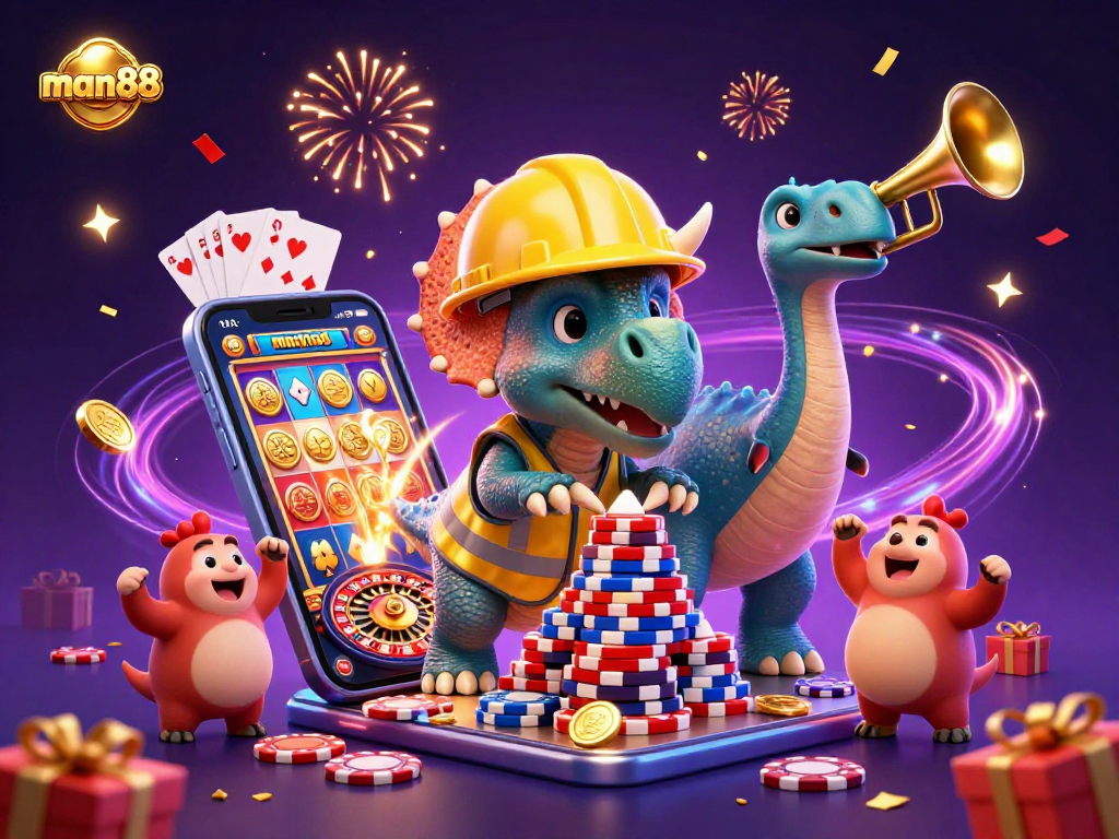 Experience the excitement of man88 as a triceratops builds poker chips amidst casino celebrations and games.
