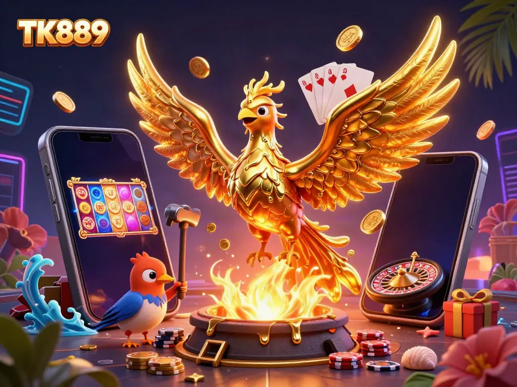 Winning at TK889 with a golden phoenix, slot games, and vibrant casino elements.