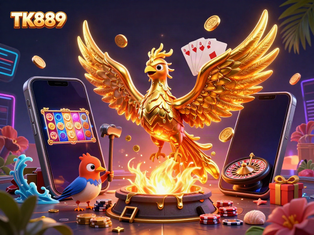 Winning at TK889 with a golden phoenix, slot games, and vibrant casino elements.