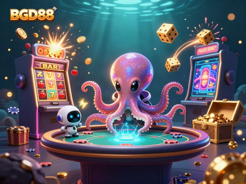 Experience BGD88's thrilling casino adventure with an alien octopus at a poker table surrounded by games.