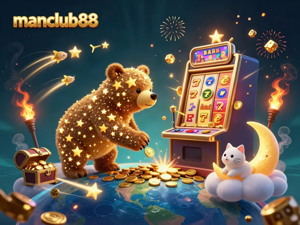 Experience the excitement of manclub88 as a constellation bear scoops coins while surrounded by dynamic casino elements.