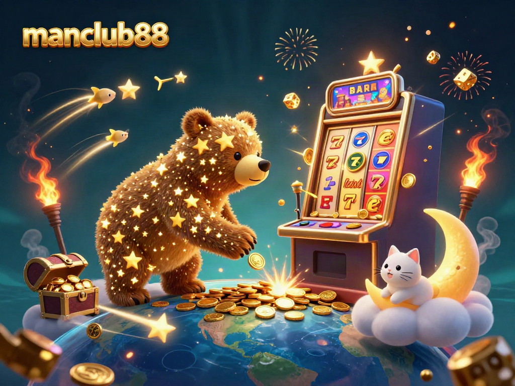 Experience the excitement of manclub88 as a constellation bear scoops coins while surrounded by dynamic casino elements.