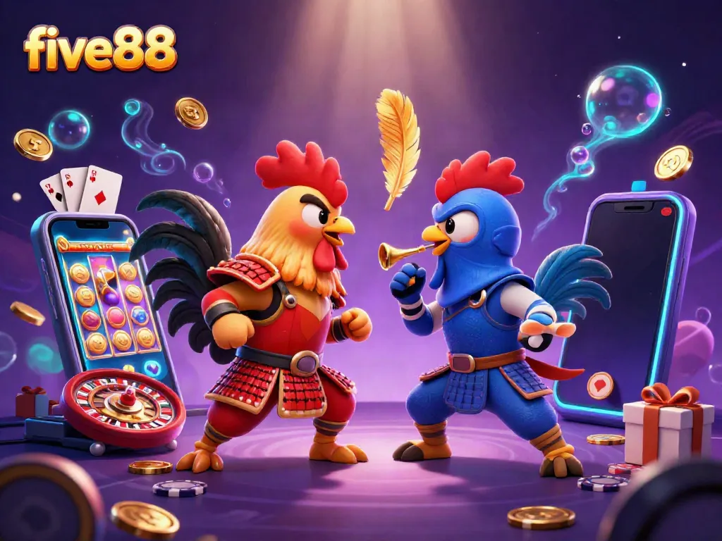 Experience thrilling cockfight action with five88 in a colorful 3D illustration featuring battling roosters.