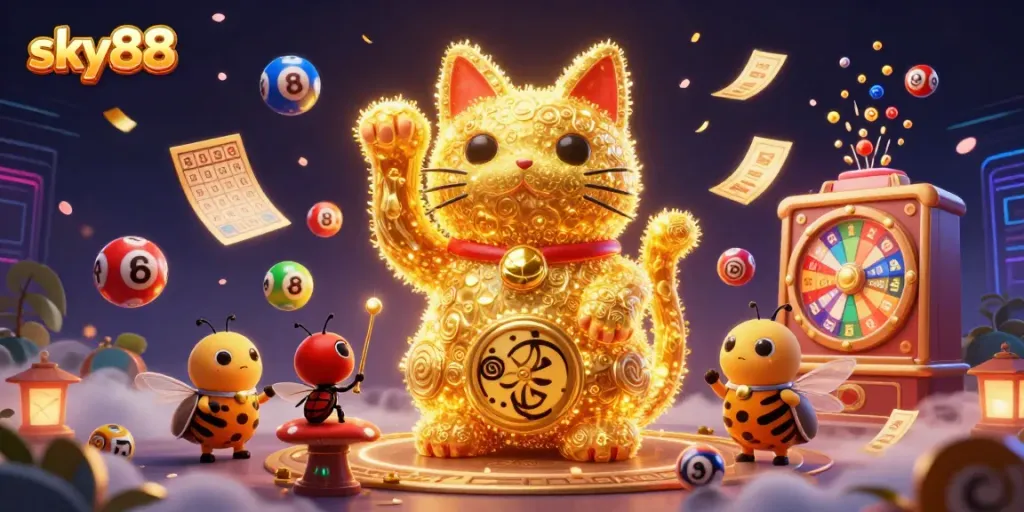 Engage in vibrant gaming with sky88 as cartoon fireflies and a lucky cat dance among colorful lottery elements.