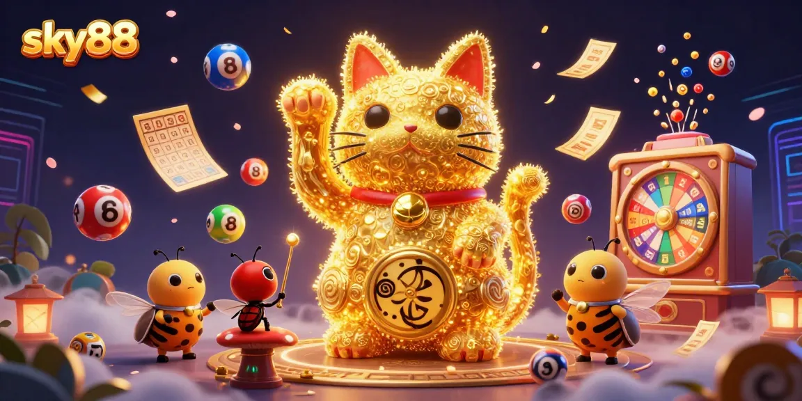 Engage in vibrant gaming with sky88 as cartoon fireflies and a lucky cat dance among colorful lottery elements.