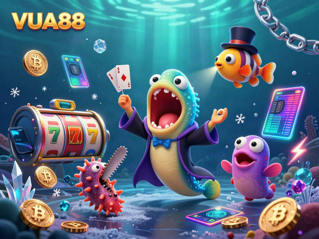 VUA88 illuminates a vibrant underwater casino scene showcasing magical sea creatures with slots and crypto elements.