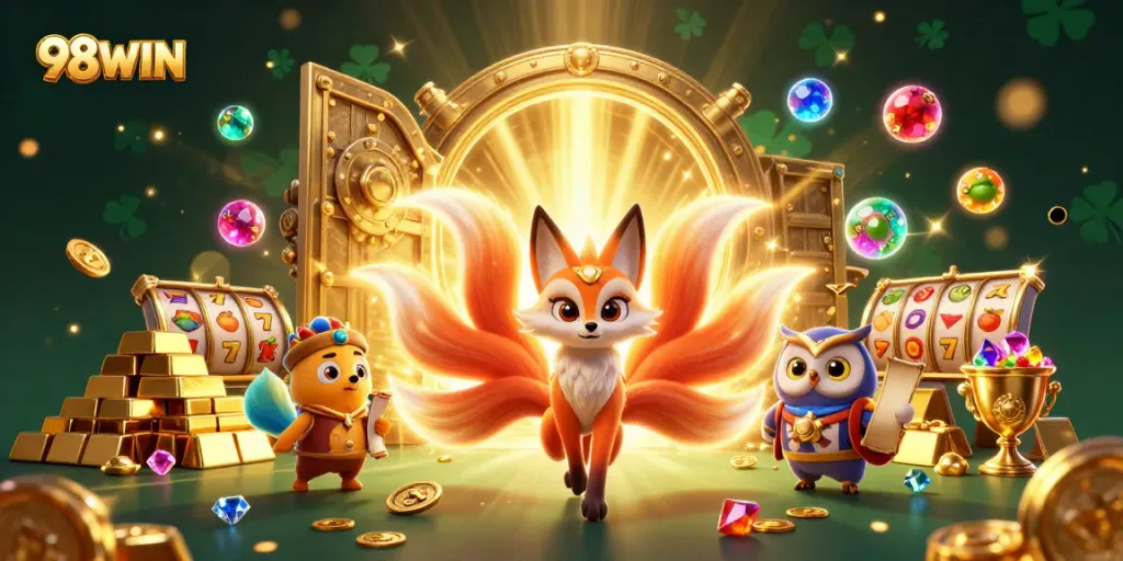 Experience the thrill of 98WIN with a vibrant 3D scene filled with colorful characters and casino elements.