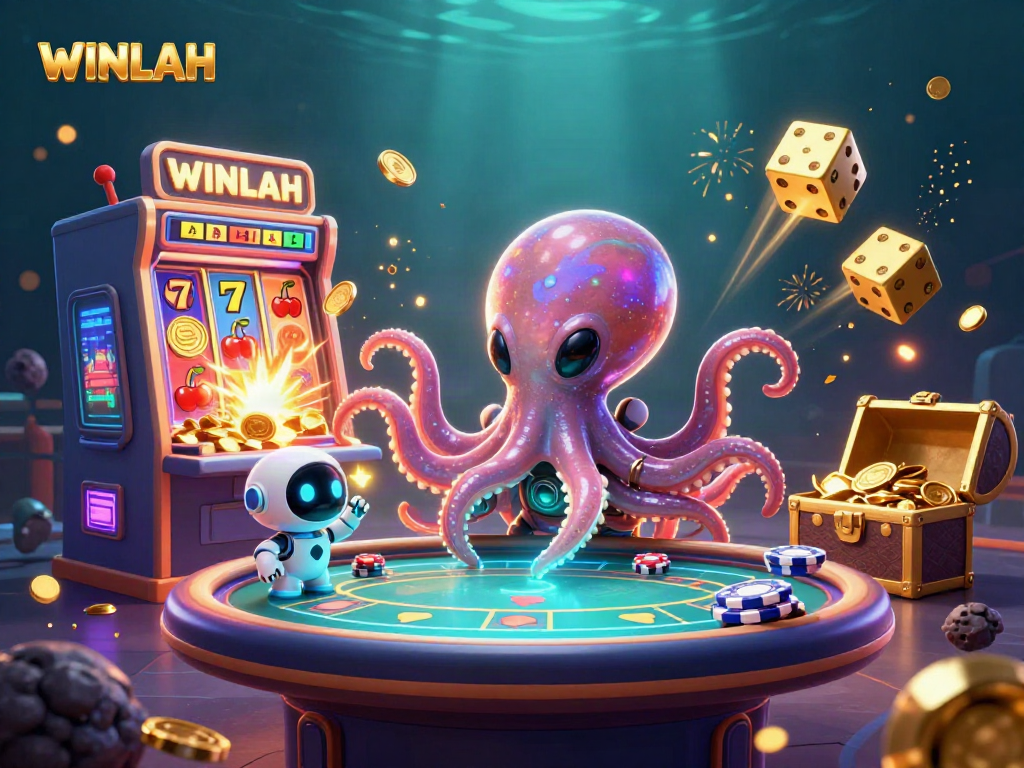 WINLAH aliens explore a vibrant casino world with exciting games and rewards.