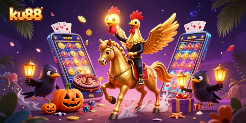 Engage with ku88, an exciting casino adventure featuring golden rooster and vibrant gaming elements