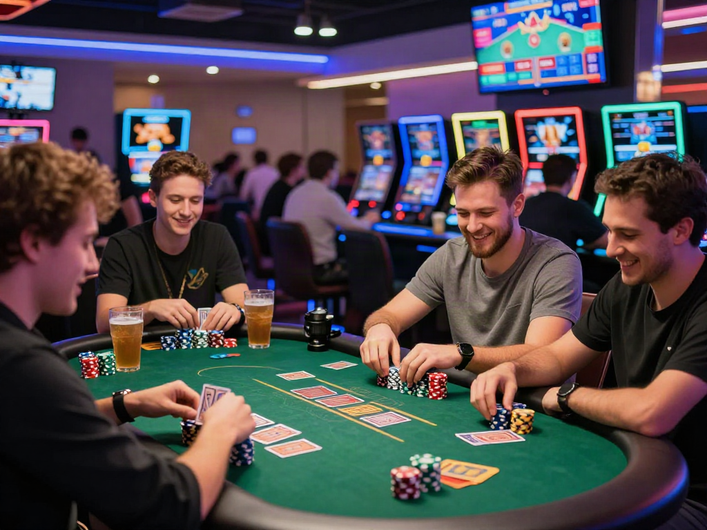 Meilleur casino en ligne France avec joueurs enthousiastes autour d'une table de jeu, ambiance dynamique.