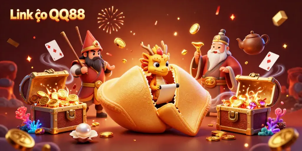 Engage in thrilling gameplay with Link vào QQ88 as a golden fortune cookie reveals secrets guarded by a wise dragon.