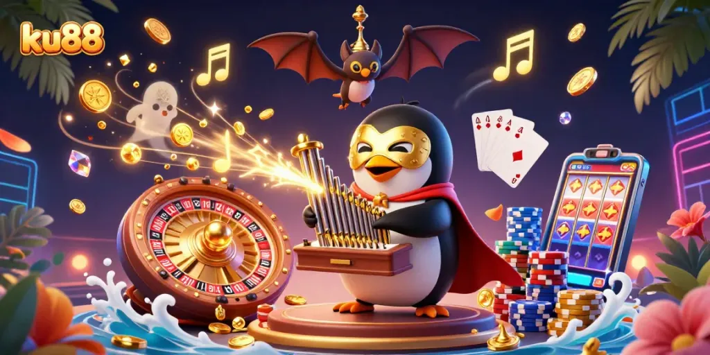 ku88 casino scene with a penguin playing an organ, while coins and gems cascade in a vibrant display