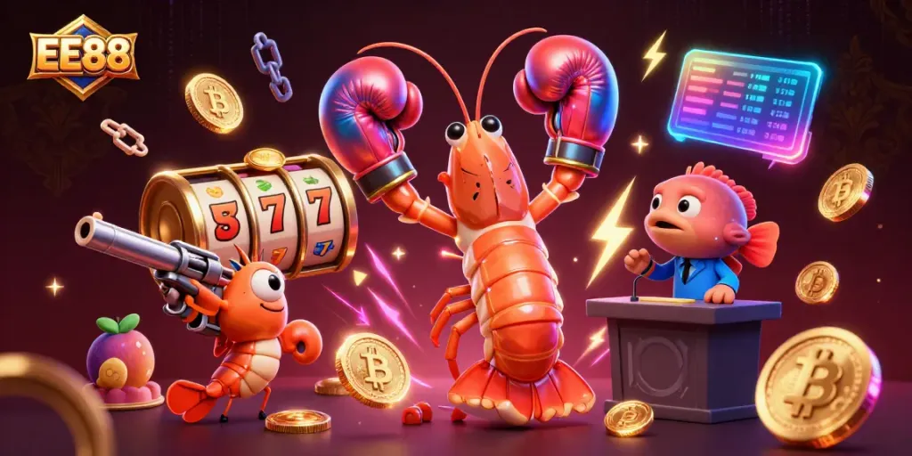 Engage in the thrilling world of EE88 with a dynamic illustration featuring competitive gaming, playful sea creatures, and vibrant casino elements.