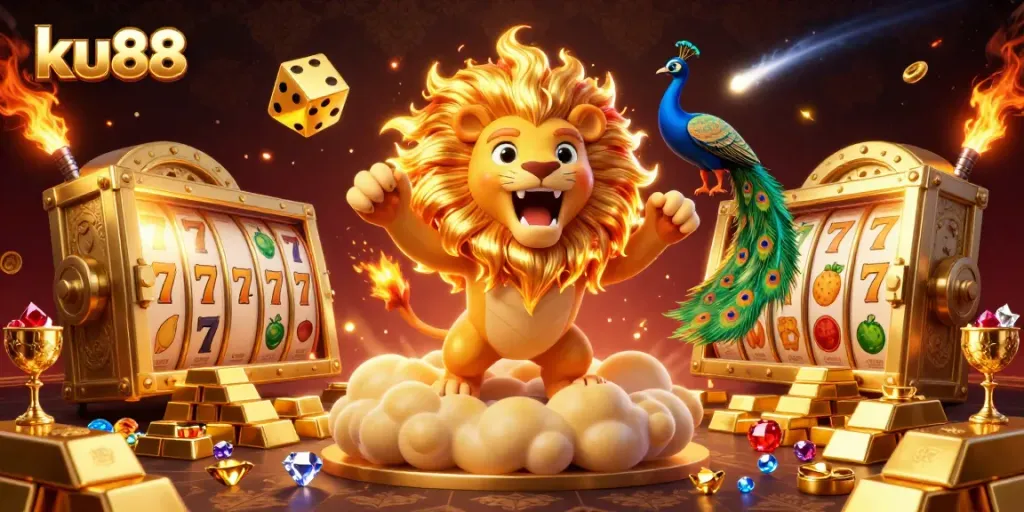 Play exciting games at ku88 casino, featuring a vibrant 3D illustration of gaming elements and a roaring lion.