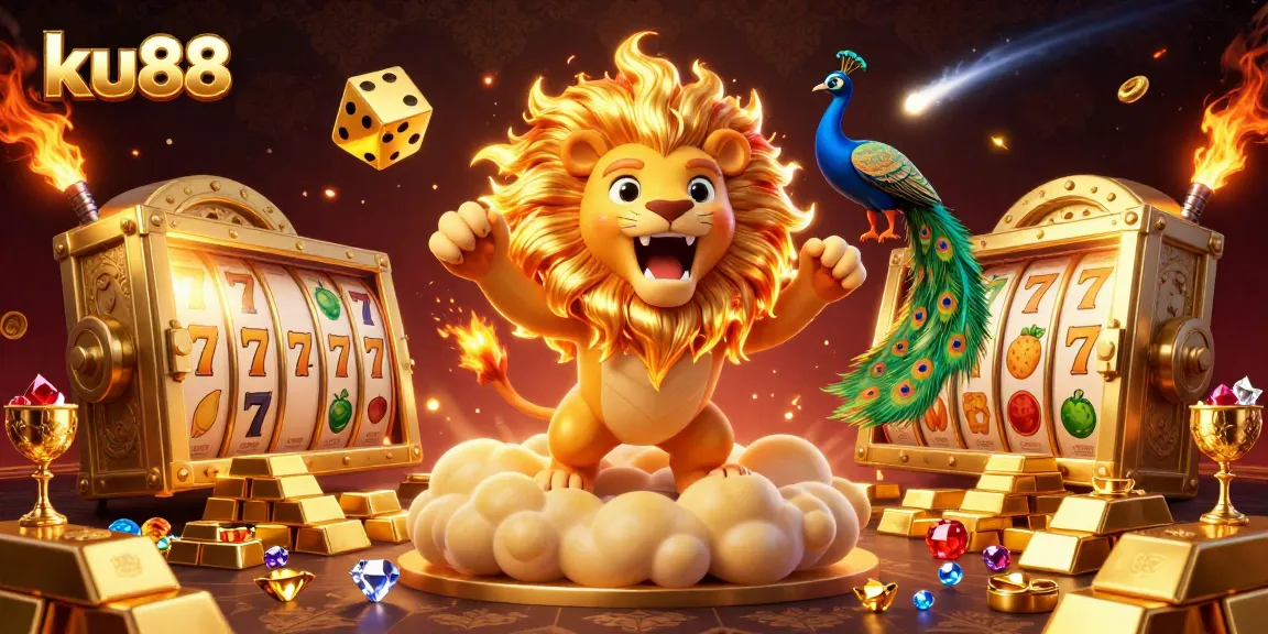 Play exciting games at ku88 casino, featuring a vibrant 3D illustration of gaming elements and a roaring lion.