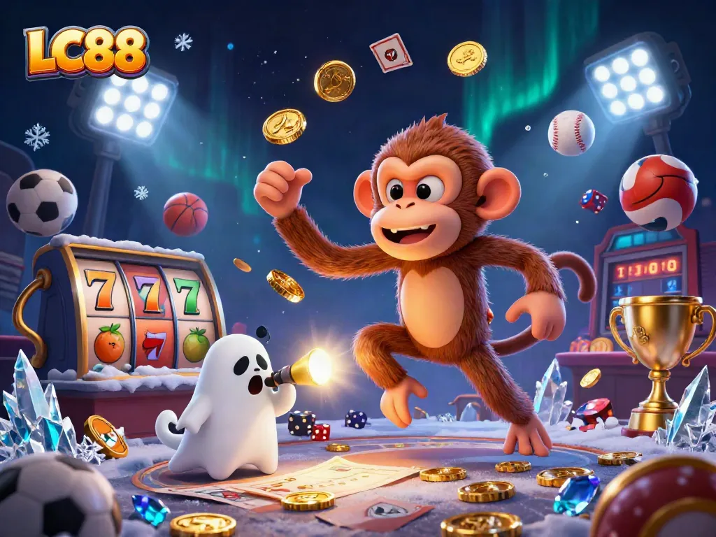 LC88 casino scene with a poltergeist monkey juggling gold along with sports balls and a curious puppy.