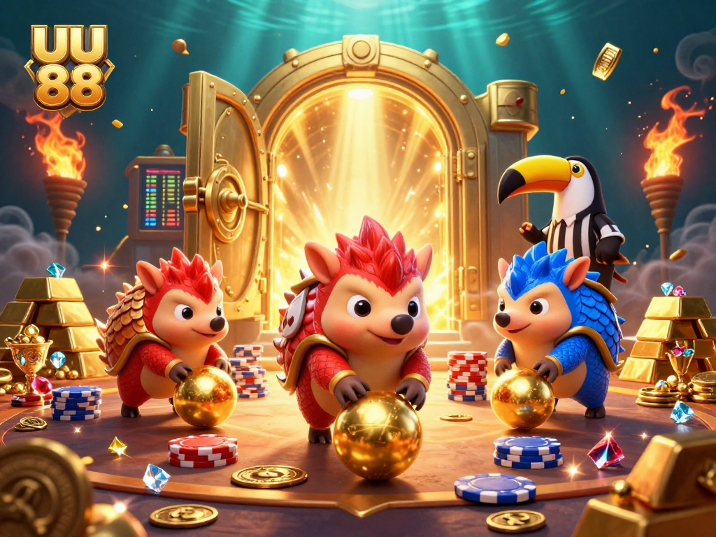 Join the fun at uu 88 with rival pangolins bowling through poker chips in a vibrant casino scene!