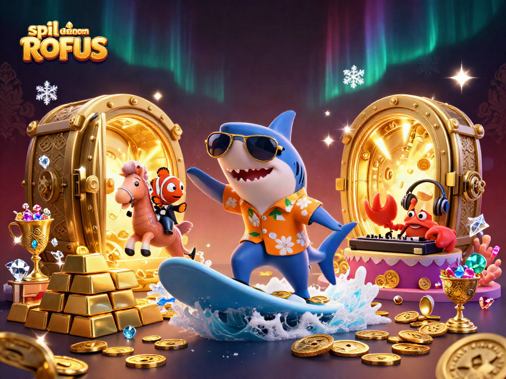 Experience the thrill of spil uden om ROFUS with a vibrant 3D casino scene featuring a shark, clownfish, and crab.