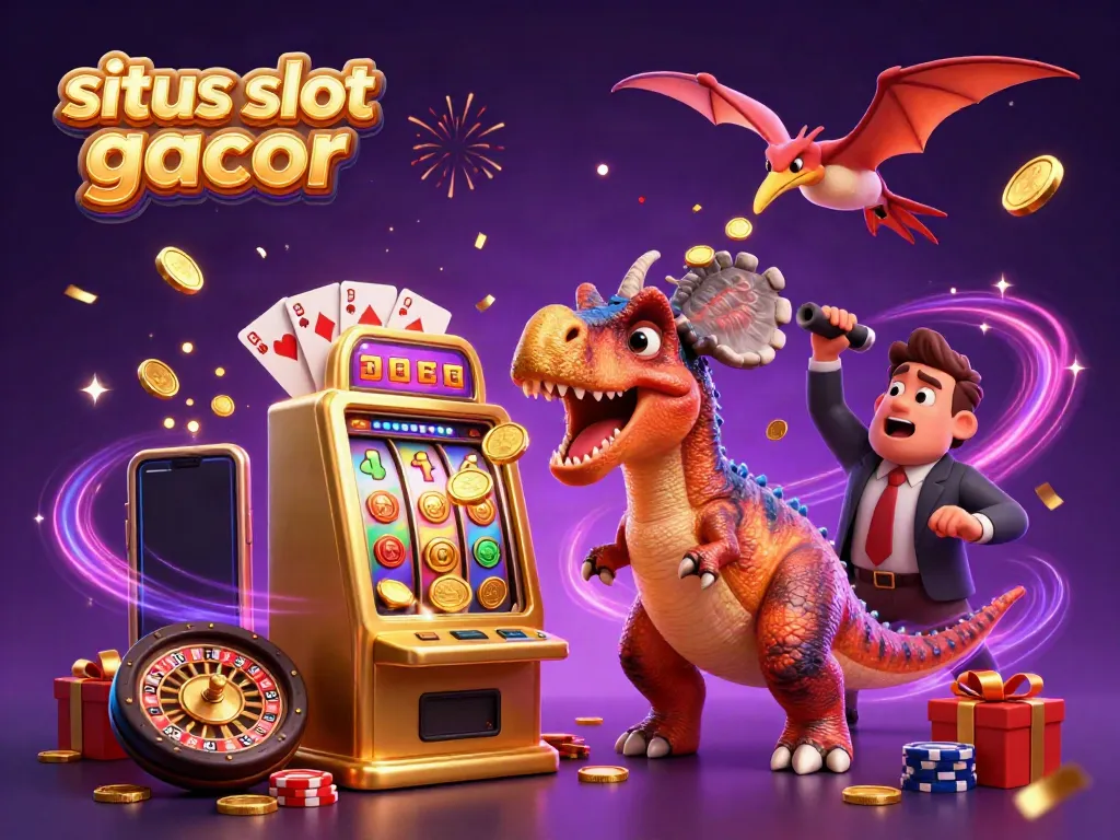 Experience excitement in the situs slot gacor universe with cartoon dinosaurs celebrating jackpot wins.