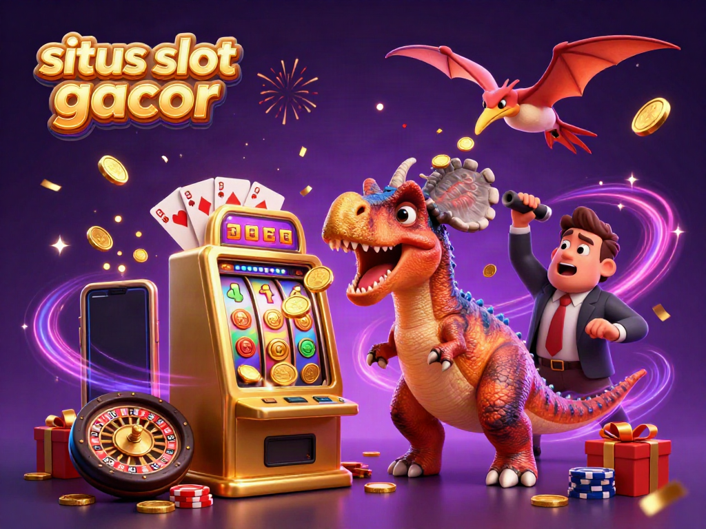 Experience excitement in the situs slot gacor universe with cartoon dinosaurs celebrating jackpot wins.