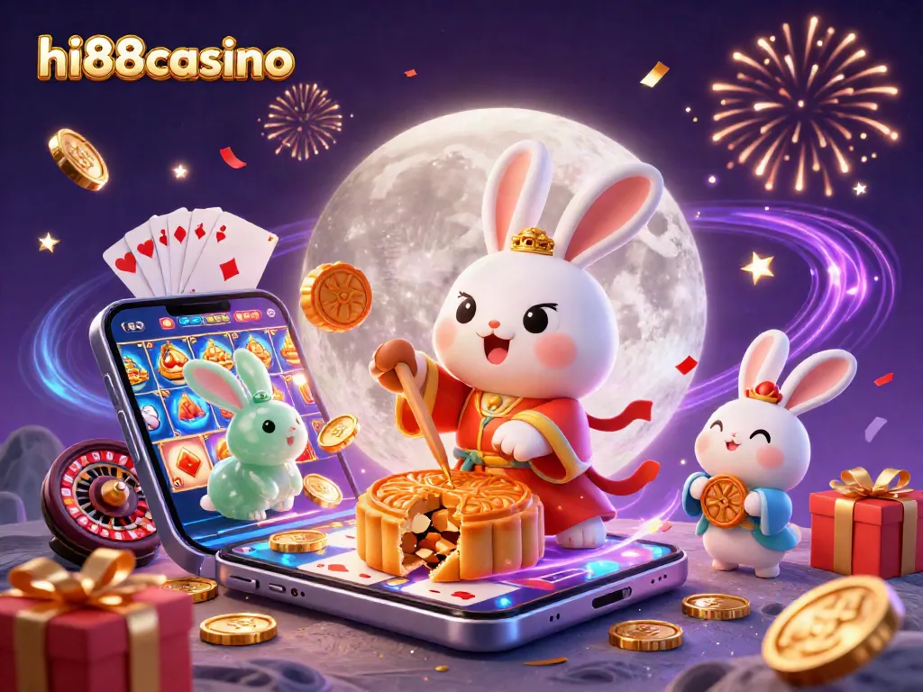 Experience excitement at hi88casino with a lively 3D illustration of gambling elements and festive characters.