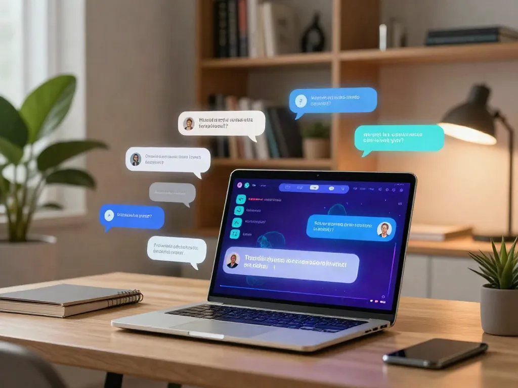 Engaging in uncensored AI chat in a cozy home office setting with a vibrant interface.