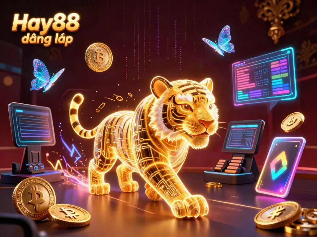 Experience the thrill of gaming with Hay88 đăng nhập as a golden tiger prowls a digital casino, surrounded by crypto elements!