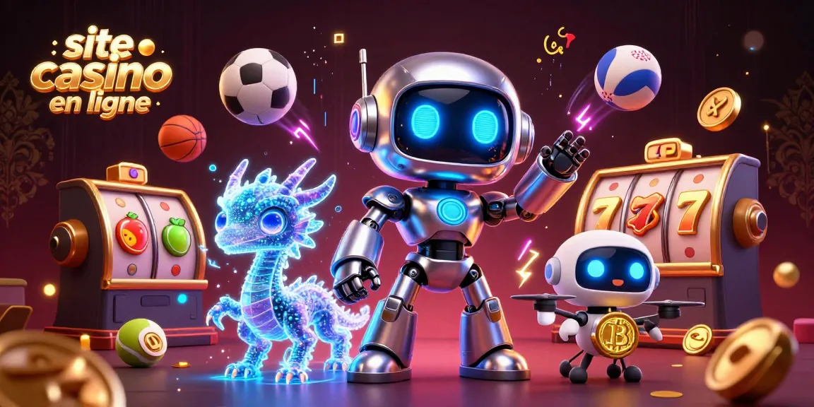 Plongez dans le monde captivant du site casino en ligne avec un robot cyberpunk et des éléments de jeu animés.