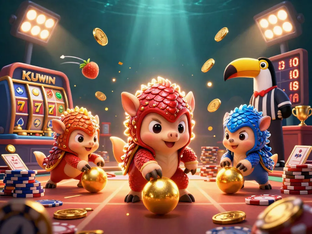 Engage in thrilling wins with KUWIN as animated pangolins roll golden balls amidst slot reels and colorful poker chips.
