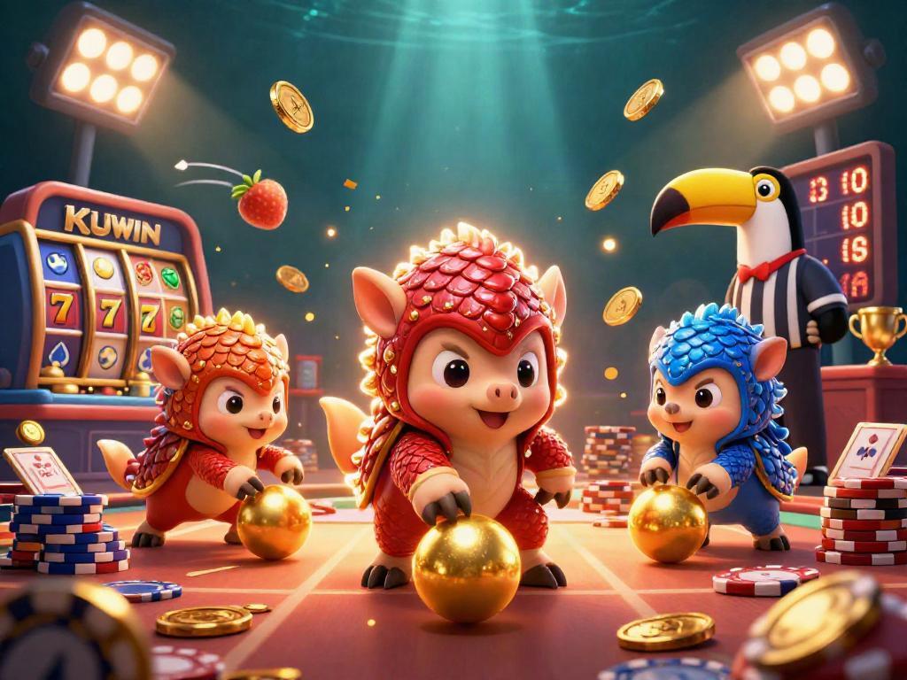 Engage in thrilling wins with KUWIN as animated pangolins roll golden balls amidst slot reels and colorful poker chips.