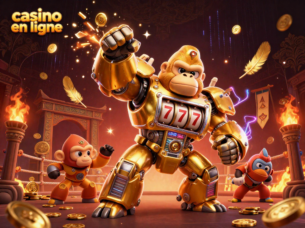 Jouez au casino en ligne avec ce mécha gorille en or et des éléments de jeux animés.